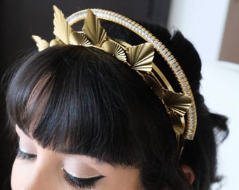 BRIDAL HEADPIECE, geometric bridal headpiece, crystal and gold headpiece, crystal tiara, halo headband, crystal halo, two piece headband