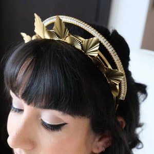 BRIDAL HEADPIECE, geometric bridal headpiece, crystal and gold headpiece, crystal tiara, halo headband, crystal halo, two piece headband image 1