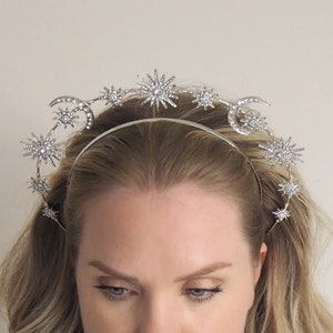 Silver Bridal Galaxy Halo Tiara, Celestial Crown, Wedding Headband, Stars and Moon Headpiece, Hand Made In the uk image 4
