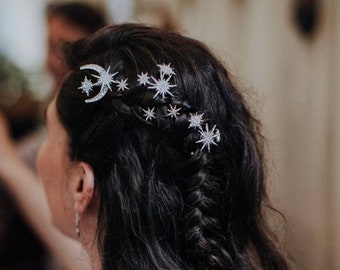 Silver Celestial Bridal Hairpins, Silver Stars and Moon Hairpins, Celestial Bride Accessories, Galaxy Hairpins, Bridesmaids Hairpins, Bridal