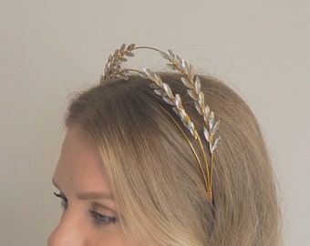 Crystal and Gold Laurel Leaf Bridal Headband, Raised Bridal Headband, Gold Bridal Crown, Gold Bridal Tiara, Laurel Leaf Wedding Crown