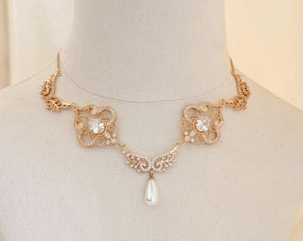 Gold Bridal Necklace with Vintage Filigree Pendant & Teardrop Pearl – Elegant Wedding Jewelry for Brides, wedding necklace
