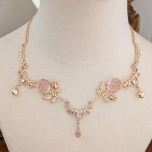 Enchanting Pink Rose Necklace, Cottagecore Style jewelry, Beautiful Fantasy Fairycore Necklace, Royal Princess Inspired jewelry