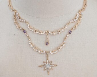 Enchanting Gold and purple Necklace, Cottagecore Style jewelry, Beautiful Fantasy Fairycore Necklace, Bookish Inspired Jewelry.