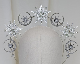 Bridal Silver Celestial Headband, Celestial Headpiece, Moon Headband, Galaxy Halo, Celestial Halo, Silver Star Halo Headband eadband,