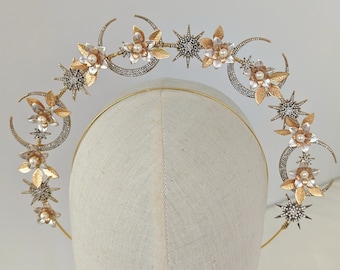 Gold halo headpiece for brides, Star bridal crown, crystal and flower bridal crown.
