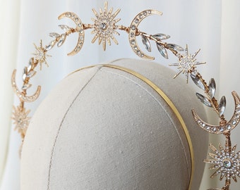 Brautgoldener himmlischer Heiligenschein-Stirnband, Goldstern und Mond-Brautkrone, Goldbraut-Heiligenschein-Tiara, Himmlische Brauttiara.