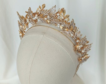 Gold Leaf Bridal Halo Crown, Pearl Crystal Tiara Headband