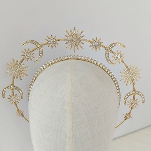 Gold galaxy star and moon halo Headband, celestial headpiece for brides, Boho bridal headband