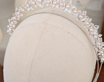 Floral Pearl Bridal Headband, Silver Flower Wedding Tiara
