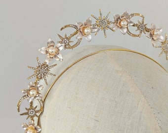 Floral gold and pearl headband halo for brides, Star and Moon headpiece for brides, celestial halo crown for brides