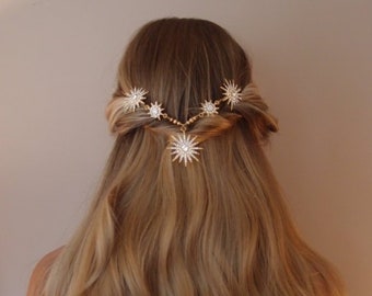 Gold Bridal Back Headpiece, Bridal Star Headpiece, Crystal Star Headpiece, Crystal Star Headband, Bridal Hair Accessory, Bridal Hair, Bridal