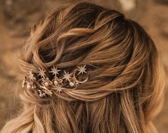 Gold bridal hair pins, celestial hair pins, celestial hair Accessories, freshwater pearl bridal hair pins, gold crystal hair pins, star pins