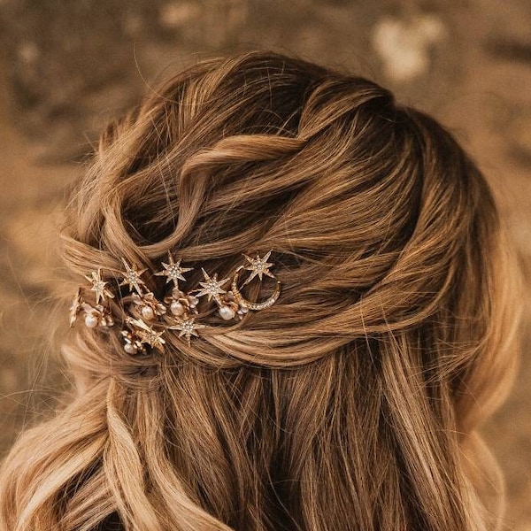 Gold bridal hair pins, celestial hair pins, celestial hair Accessories, freshwater pearl bridal hair pins, gold crystal hair pins, star pins