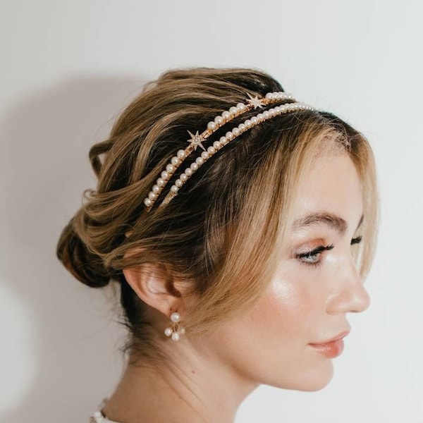 Pearl and Star Bridal Headband, Swarovski Pearl Headband, Gold and Pearl Bridal Headband, Bridesmaids Headband, Bridal Hair, Pearl Headband