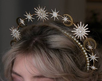 star headband celestial accessories bridal accessories celestial crown, gold Galaxy halo Weddings Accessories Hair Accessories Wreaths & Tiaras Gold pearl halo celestial halo 