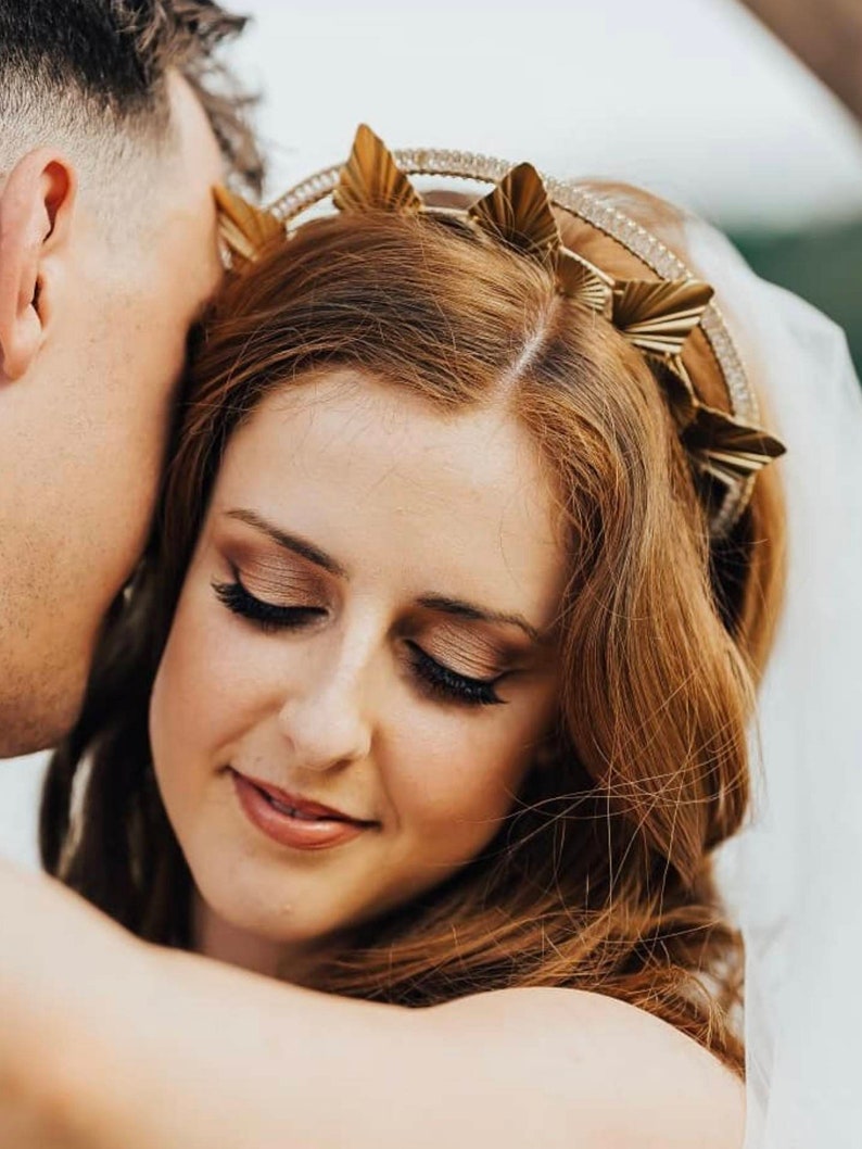 BRIDAL HEADPIECE, geometric bridal headpiece, crystal and gold headpiece, crystal tiara, halo headband, crystal halo, two piece headband image 5