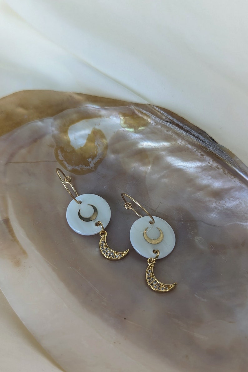 Celestial Earrings, celestial jewellery, Gold Moon Earrings, Shell Earrings, Crescent Moon Earrings, Boho Bridal Accessories, Boho Wedding image 2
