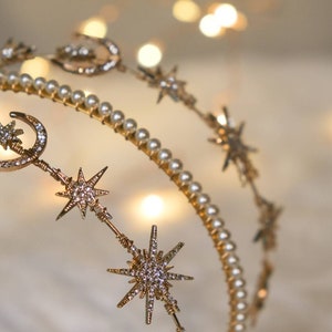 Celestial star headband, Pearl gold Headband, bridal headband, bridal accessories, wedding headpiece, gold tiara, celestial headpiece, image 2