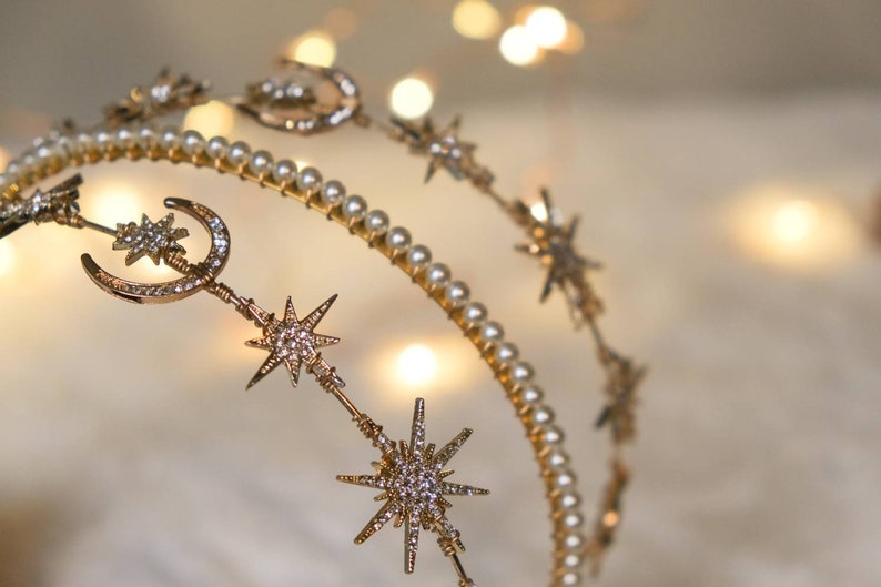 Celestial star headband, Pearl gold Headband, bridal headband, bridal accessories, wedding headpiece, gold tiara, celestial headpiece, image 2