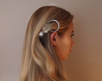 Gold star hair pins for brides, celestial theme hair clips, rhinestone hair pins, crystal bridal pins, star and moon hair clips