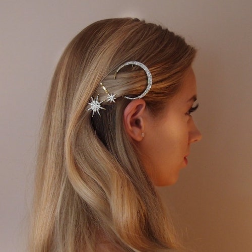 star hair clips, star clip, moon clip, galaxy hair clips, rhinestone pins, crystal bridal pins, constilation hair accessories, bridal pins