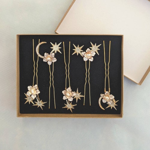 Celestial Star Flower Hair Pins with Champagne Pearls, Set of six vintage pins. Gold Celestial Bridal Hair Pin Set: Star Flower, Champagne  main image 4
