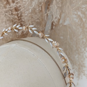 Floral Gold and Pearl Wedding Headband, Gold and Pearl Bridal Crown, Floral Bridal Tiara, Bridal Headwear, Bridal Crown, Bridal Headband