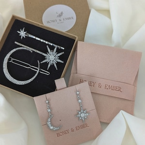 Bridesmaid Gift Set, bridesmaid Celestial Silver Hairpins, Bridesmaid Celestial Earrings, Gifts for Bridesmaids, Crystal Moon and Star image 1