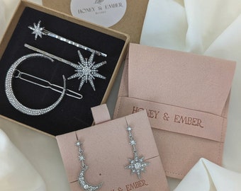 Bridesmaid Gift Set, bridesmaid Celestial Silver Hairpins, Bridesmaid Celestial Earrings, Gifts for Bridesmaids, Crystal Moon and Star