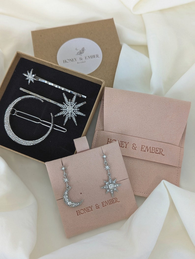 Bridesmaid Gift Set, bridesmaid Celestial Silver Hairpins, Bridesmaid Celestial Earrings, Gifts for Bridesmaids, Crystal Moon and Star image 1