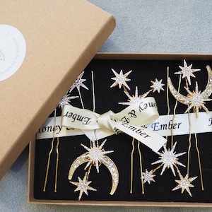 Forcine per capelli da sposa celestiali dorate, forcine con stelle e luna dorate, accessori per la sposa celestiali, forcine per capelli galattiche, forcine per damigelle d'onore, cristallo