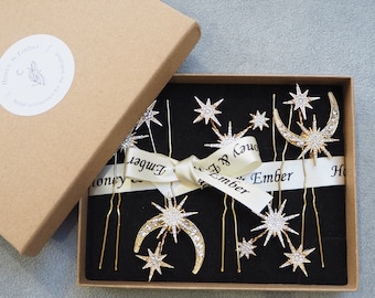 Silver Stars and Moon Hair Pin Set - Celestial Hair Pin Set 