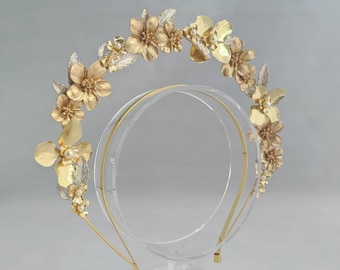 Bridal Halo Headband in Gold, Gold Halo Headband, Floral Halo Headband in Gold, Gold Floral Bridal Crown, Bridal Crown, Bridal Headpiece