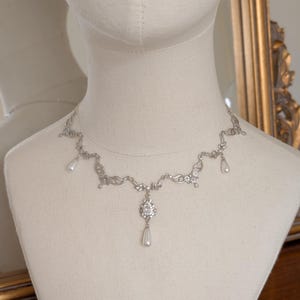 Silver Bridal Necklace, Crystal Floral Choker, Pearl Drop, Wedding Jewelry