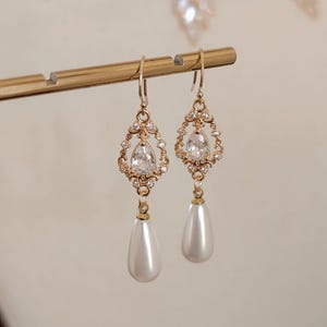 Vintage Pearl Drop Earrings: Gold Filigree Dangle Wedding Jewelry