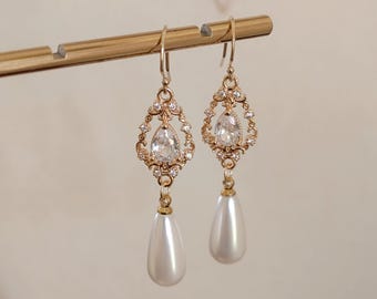 Vintage Pearl Drop Earrings: Gold Filigree Dangle Wedding Jewelry