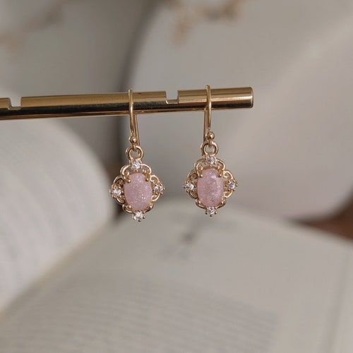 Victorian Gold Earrings - Pink Crystal Marquis Drop, Art Nouveau Style