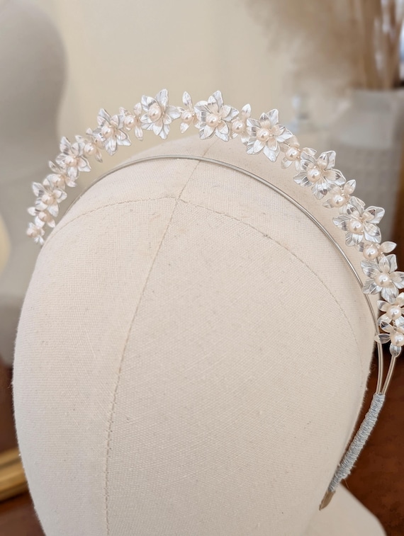 Handmade Bridal Moon Crown Silver Flowers Pearl Headband for Weddings Events Moon Tiara, Pearl Headband, Silver Wedding Crown, Goddess  main image 2
