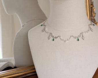 Emerald Silver Vine Necklace | Christmas Gift for Her | Vintage Inspired Wedding Jewelry | Green Gem Choker