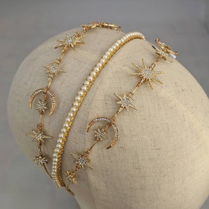 Celestial star headband, Pearl gold Headband, bridal headband, bridal accessories, wedding headpiece, gold tiara, celestial headpiece, image 6