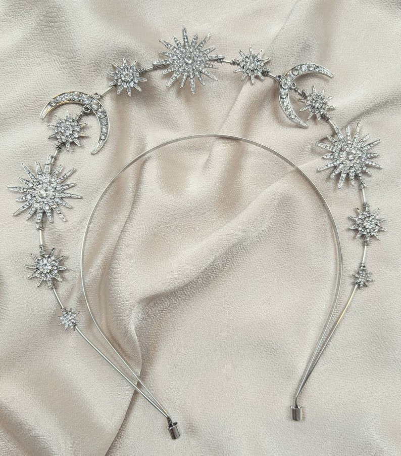 Silver Bridal Galaxy Halo Tiara, Celestial Crown, Wedding Headband, Stars and Moon Headpiece, Hand Made In the uk image 6