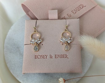 Gold bridal earrings with a crystal bow, Gold Earrings for brides, gift for bridesmaids, Wedding Jewellery, Christmas Gift