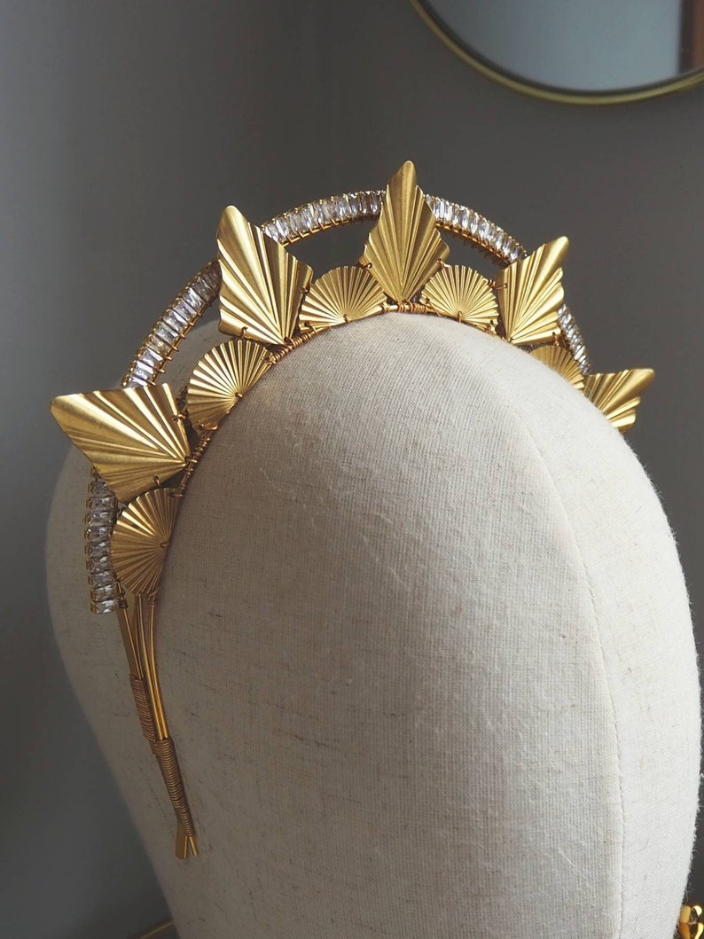 BRIDAL HEADPIECE, geometric bridal headpiece, crystal and gold headpiece, crystal tiara, halo headband, crystal halo, two piece headband image 2