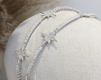 Silver star bridal headband, silver crystal Headband, celestial headband, silver star bridal crown, bridal crystal headband, celestial star.