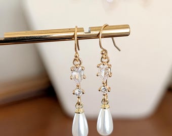 Gold Pearl Drop Earrings - Dainty Bridal Earrings, Teardrop Pearl Earrings, Classic Wedding Jewelry, Elegant Dangle Earrings for Bridesmaids