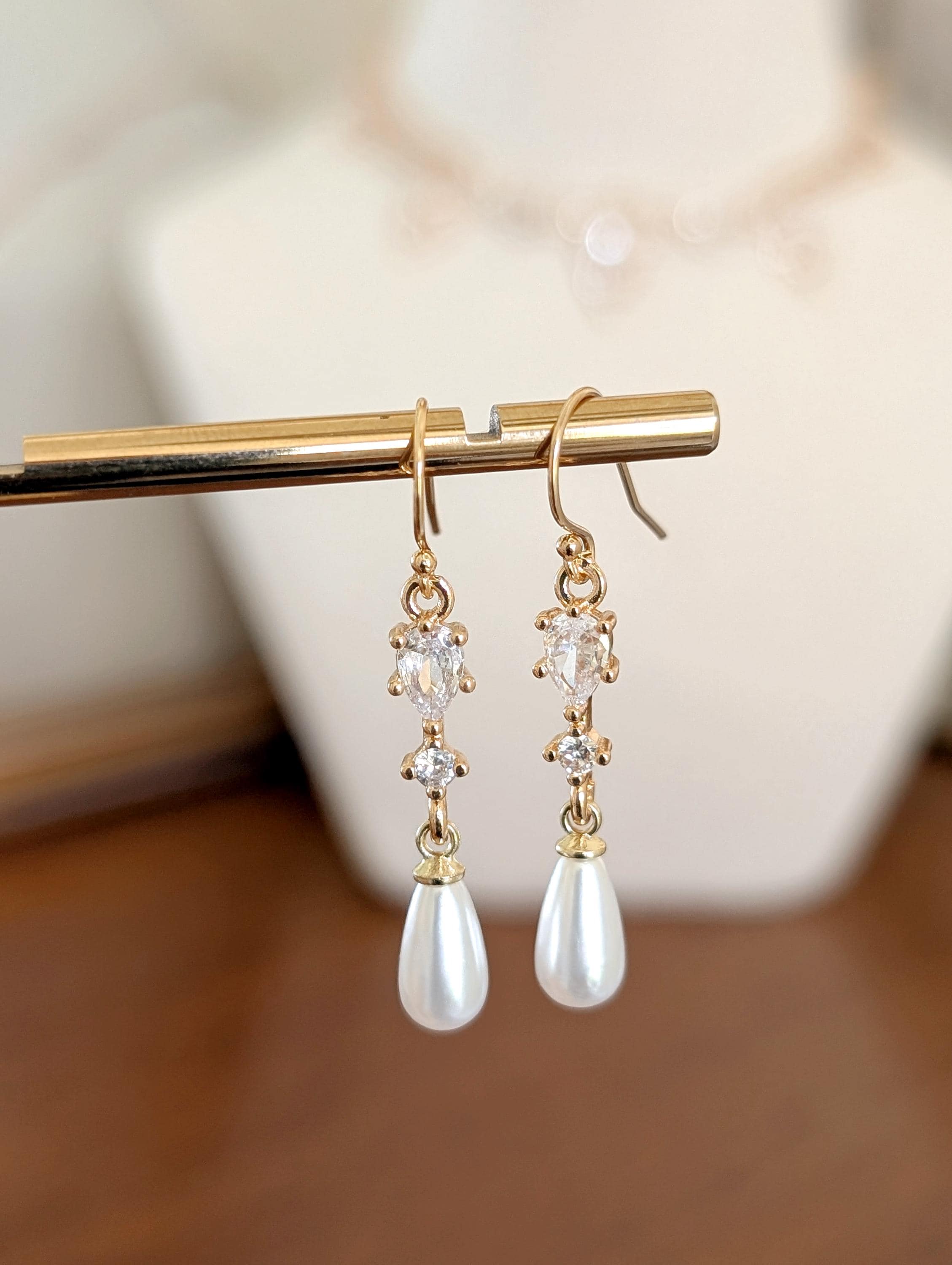 HABIKIP Gold Dangle Earrings For Women - 14k Gold Plated Ball Drop Chain Pearl Earrings - View #8