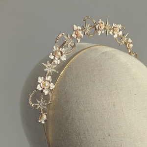 Stars Moon Flower Bridal Headband, Celestial Gold Bridal Crown ...