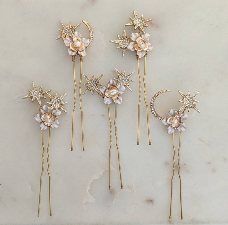 Gold bridal hair pins, celestial hair pins, celestial hair Accessories, freshwater pearl bridal hair pins, gold crystal hair pins, star pins image 6