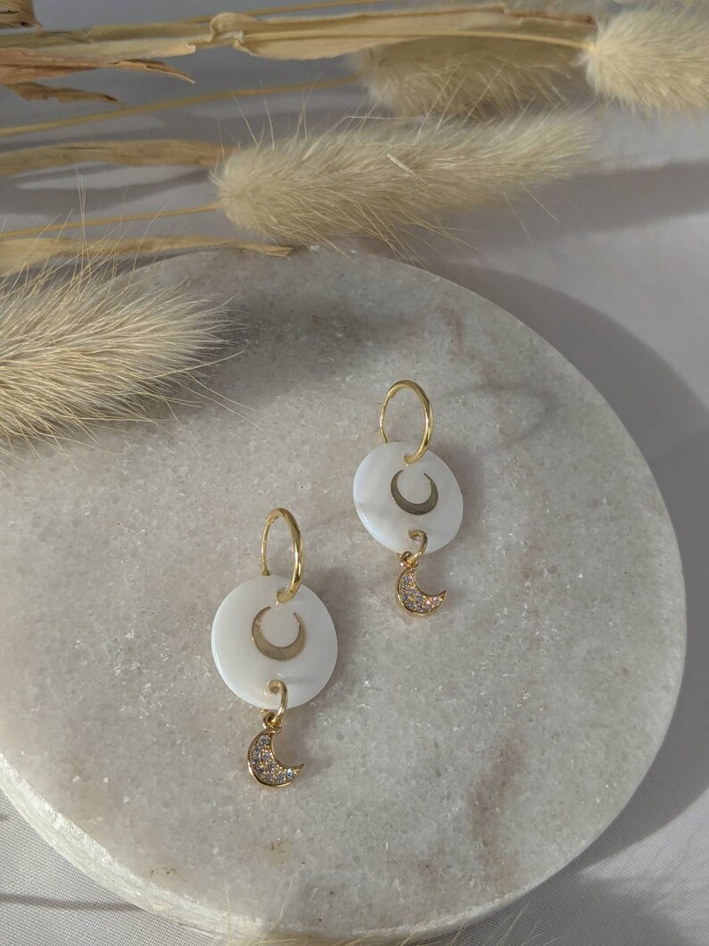 Celestial Earrings, celestial jewellery, Gold Moon Earrings, Shell Earrings, Crescent Moon Earrings, Boho Bridal Accessories, Boho Wedding image 4